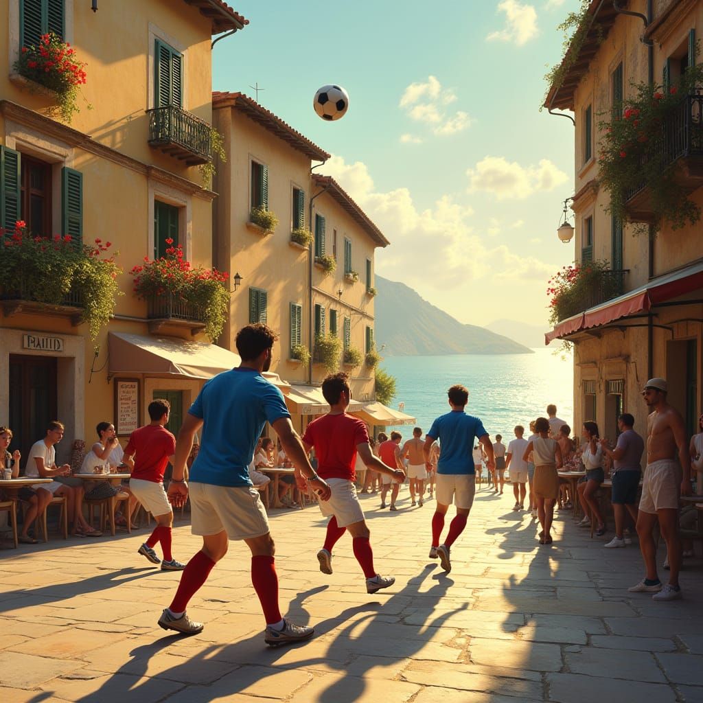 Vintage Italian Town Square Football Match Under Golden Summ...