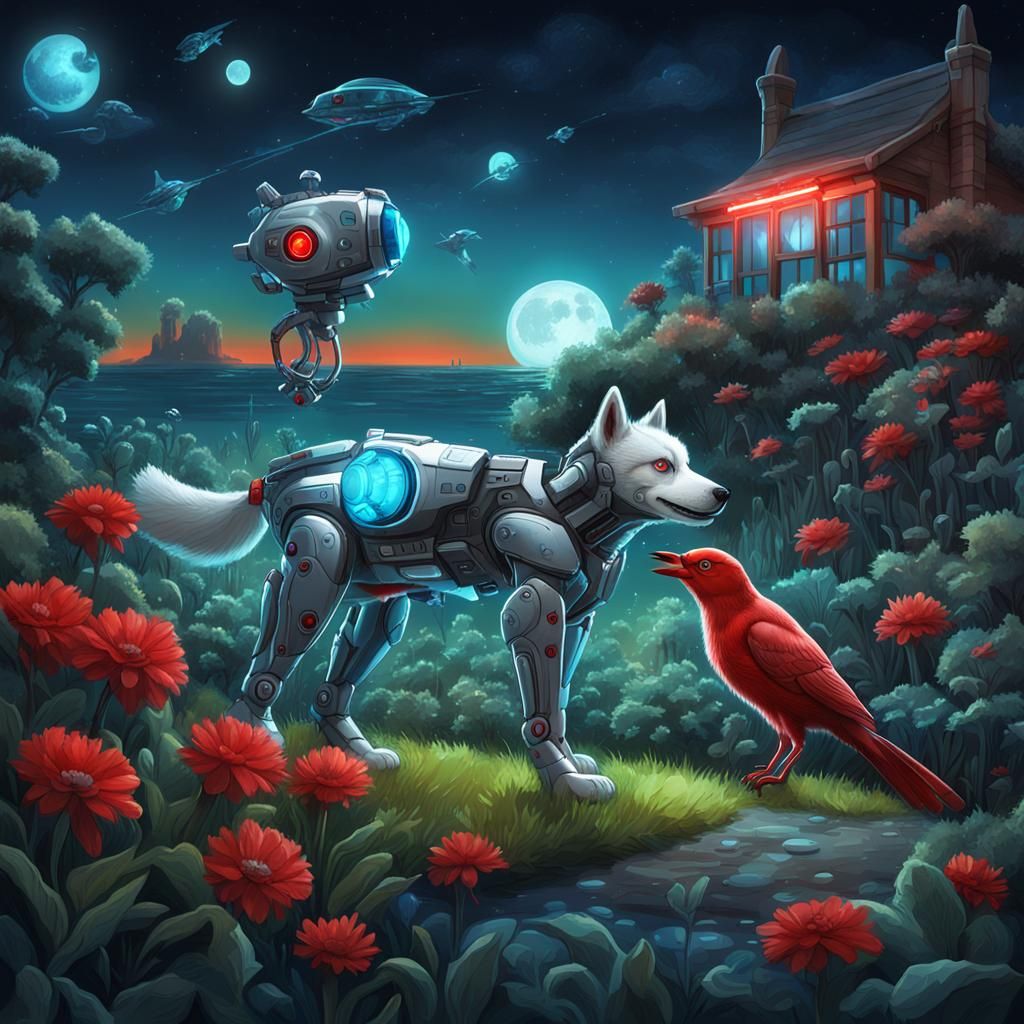 cyborg Husky, with red bird