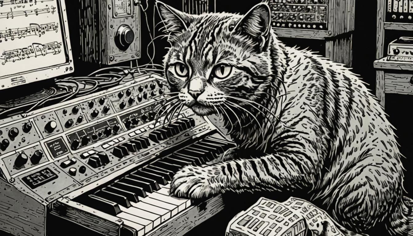 Cat Plays Synth: Pen and Ink Underground Art