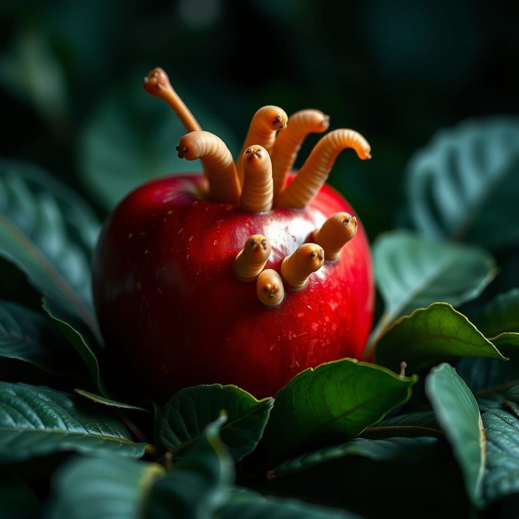 Red Apple Explodes with Whimsical Worms
