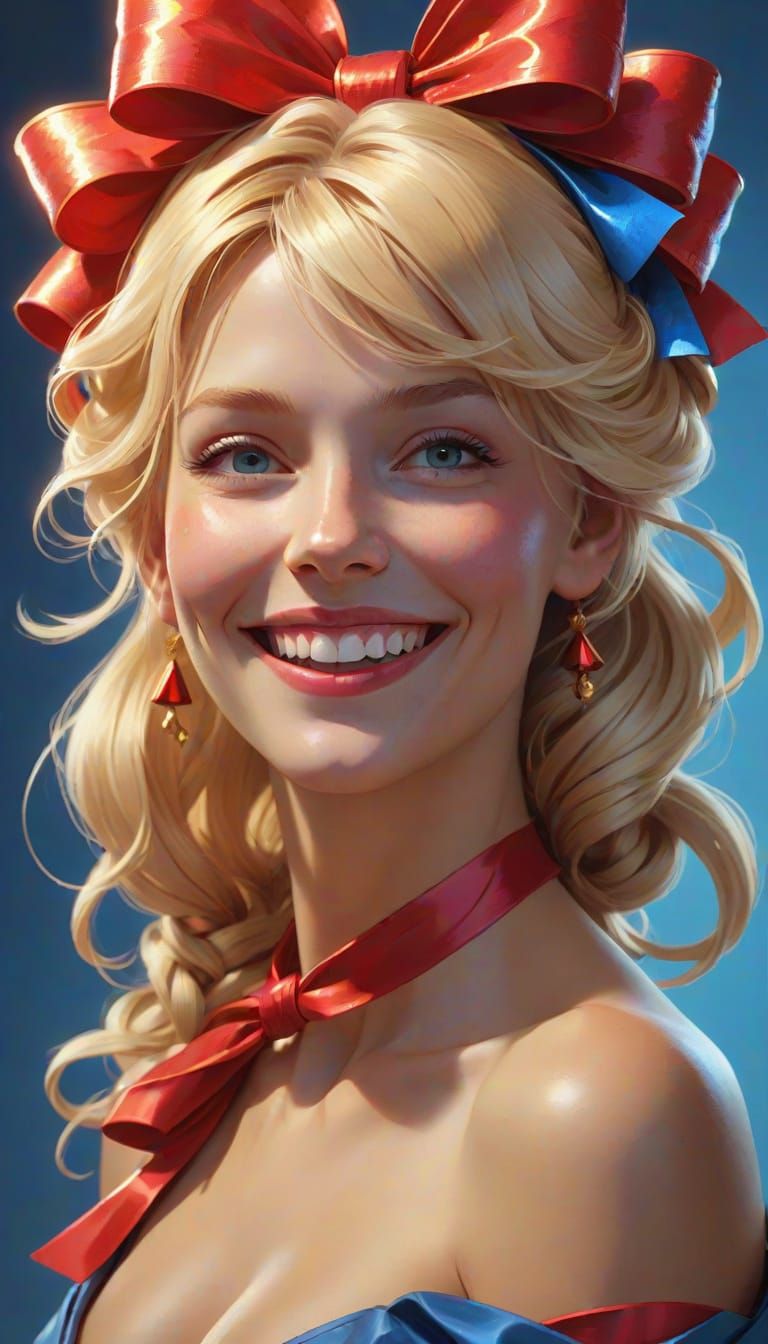 Smiling Blonde Woman with Red Bow in Splash Art Style