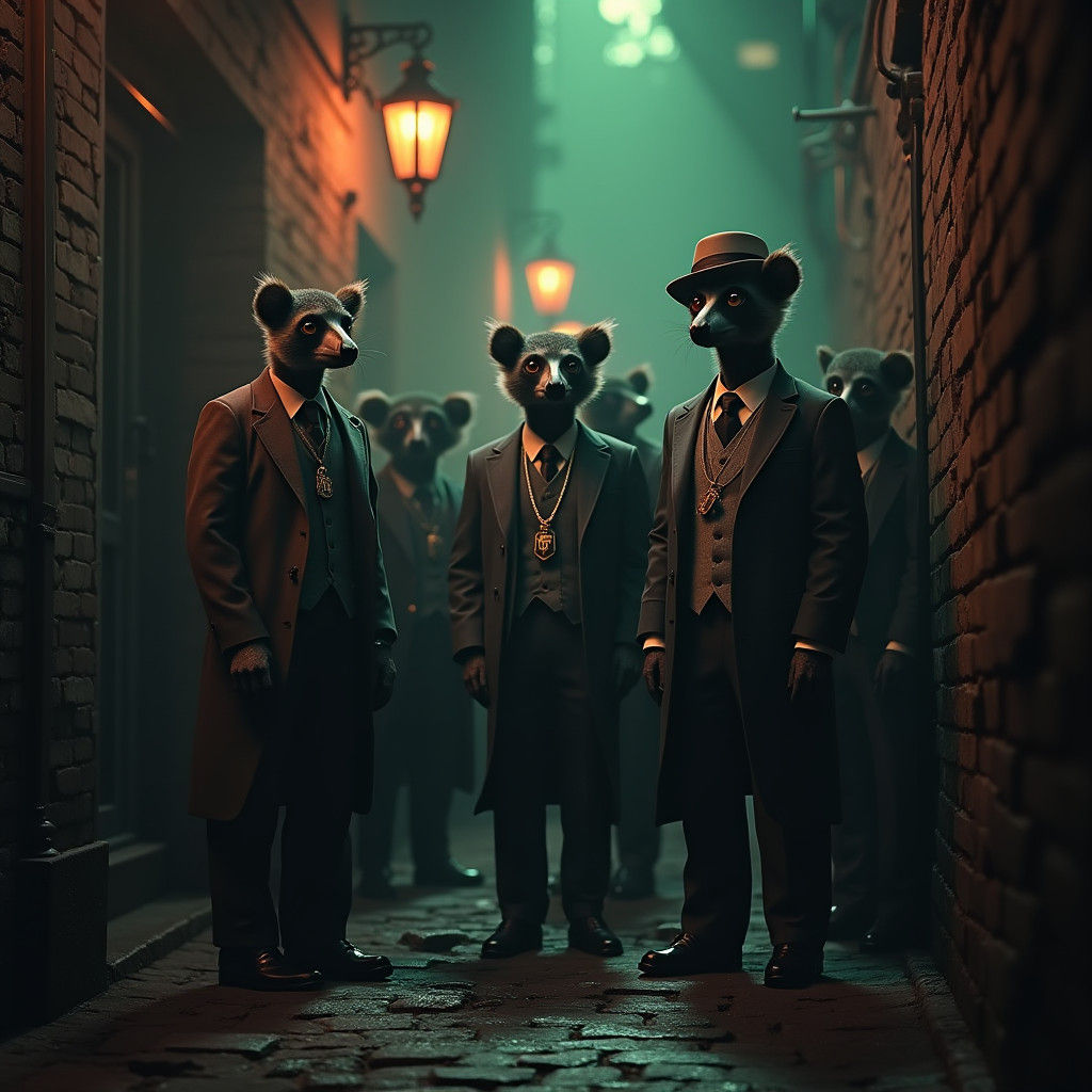 Mafia Lemurs in Dimly Lit Alleyway