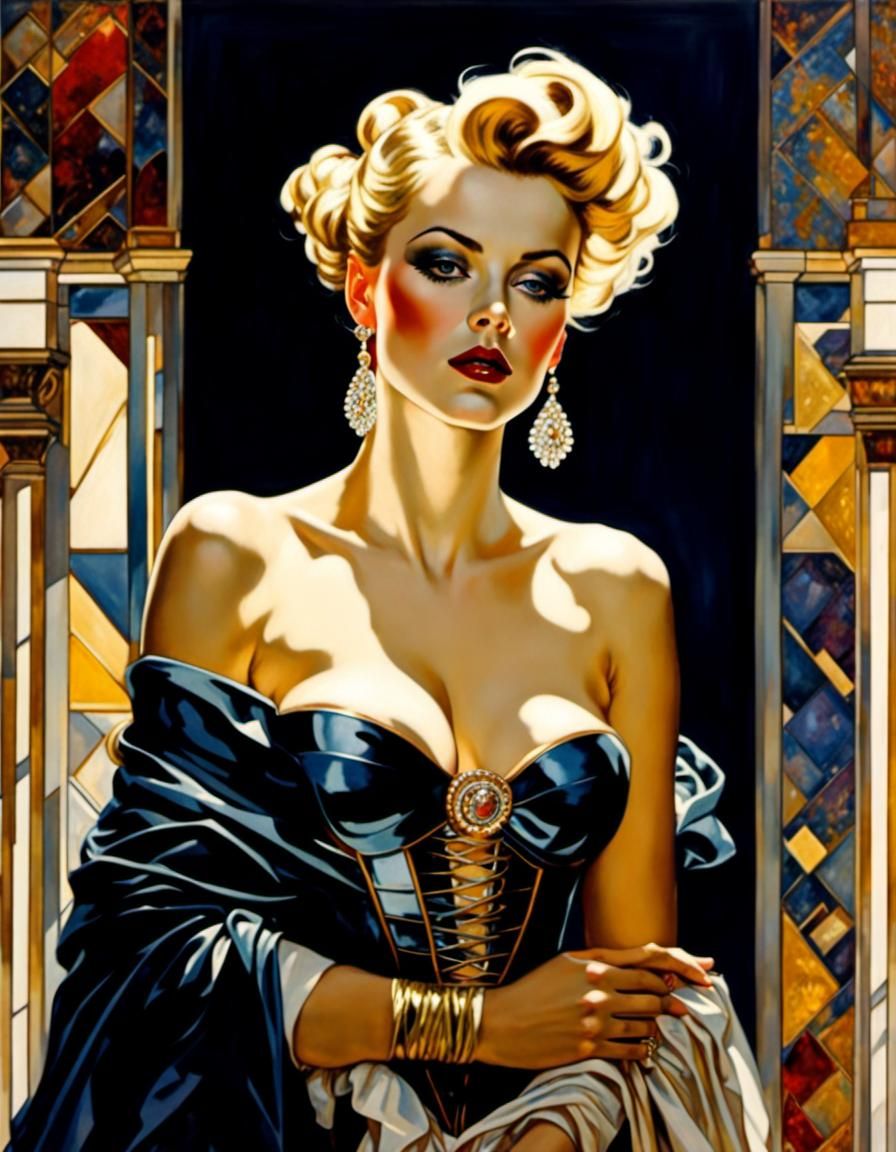 Blonde Woman with Antlers in Gilded Art Nouveau Style