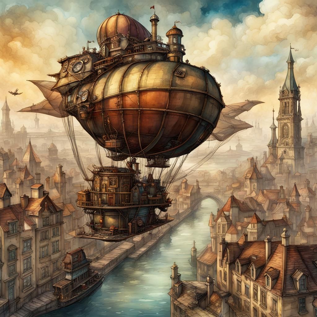 Steampunk Airship Over City in Watercolor Style