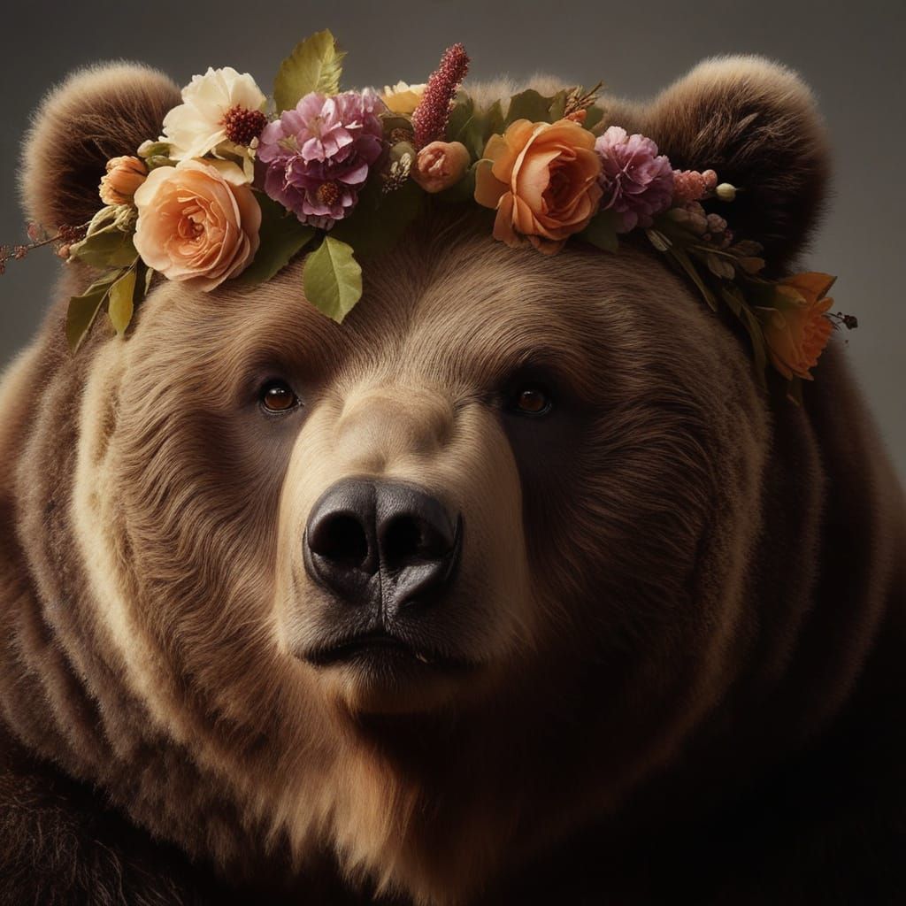 Close-up Portrait: Bear with Flower Wreath in Digital Art