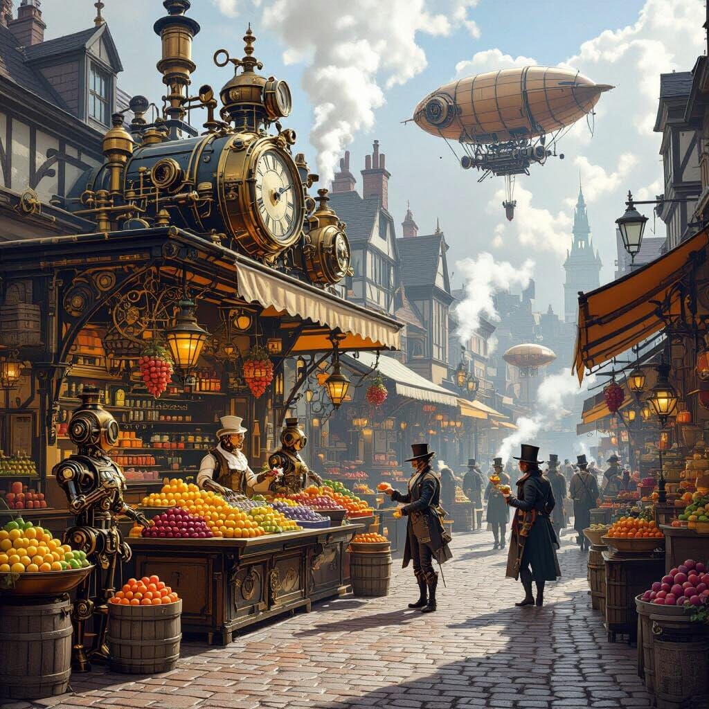 Steampunk Victorian Marketplace with Automatons and Dirigibl...