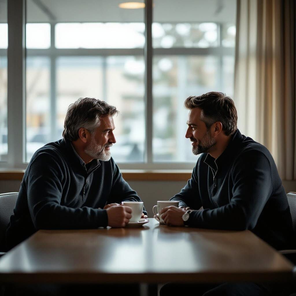 Father and Son Share Coffee in Hospital Waiting Room