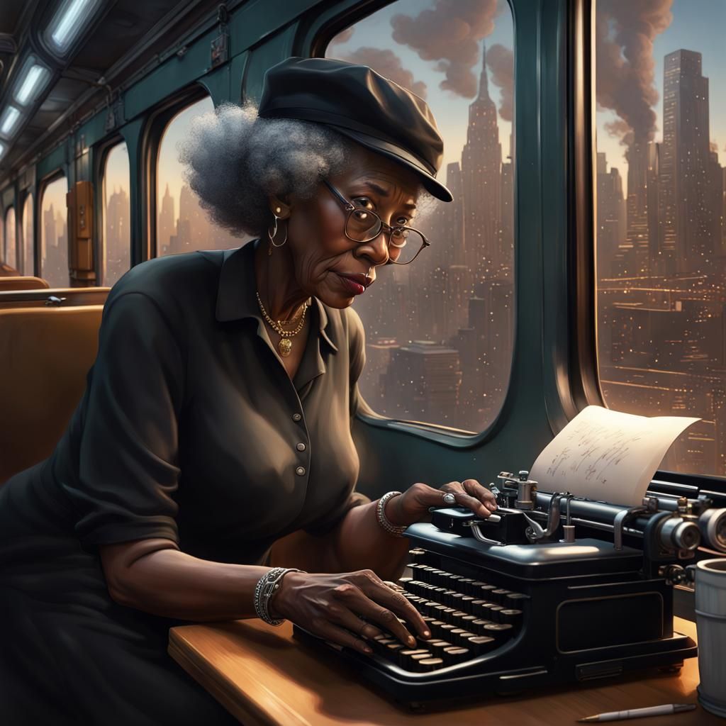 Elderly Woman on Train with Typewriter, Detailed Matte Paint...