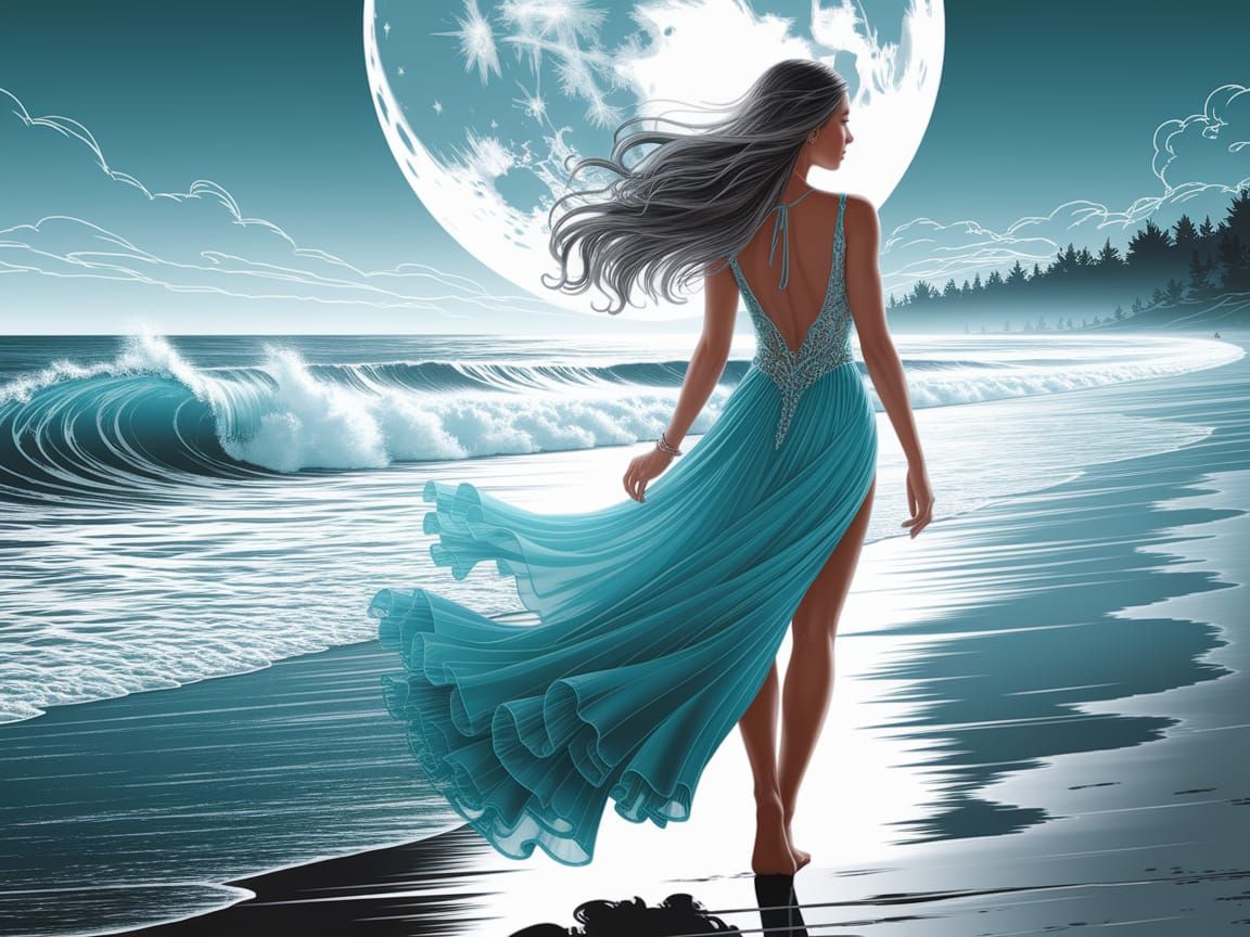 Ethereal Woman Walks on Moonlit Beach