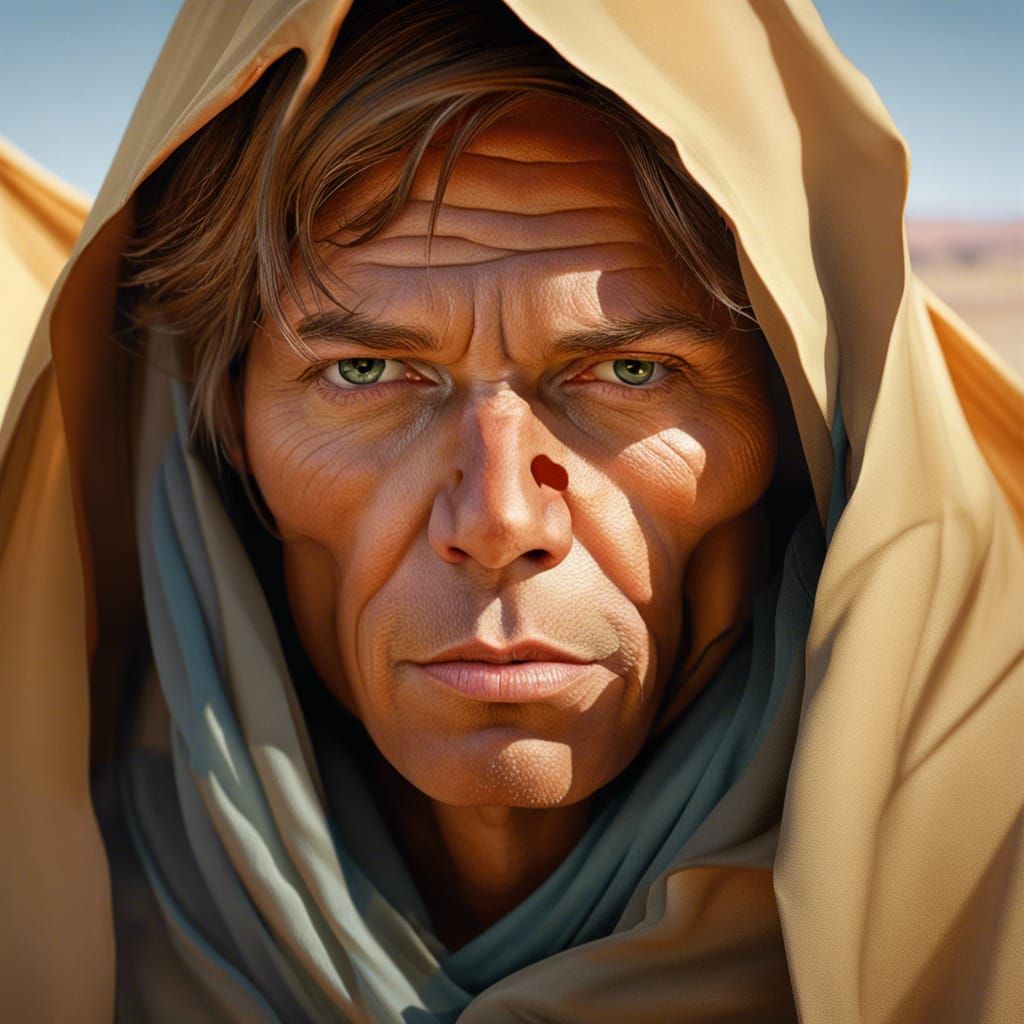 Hyperrealistic Portrait of Desert Dweller in Comic Book Styl...