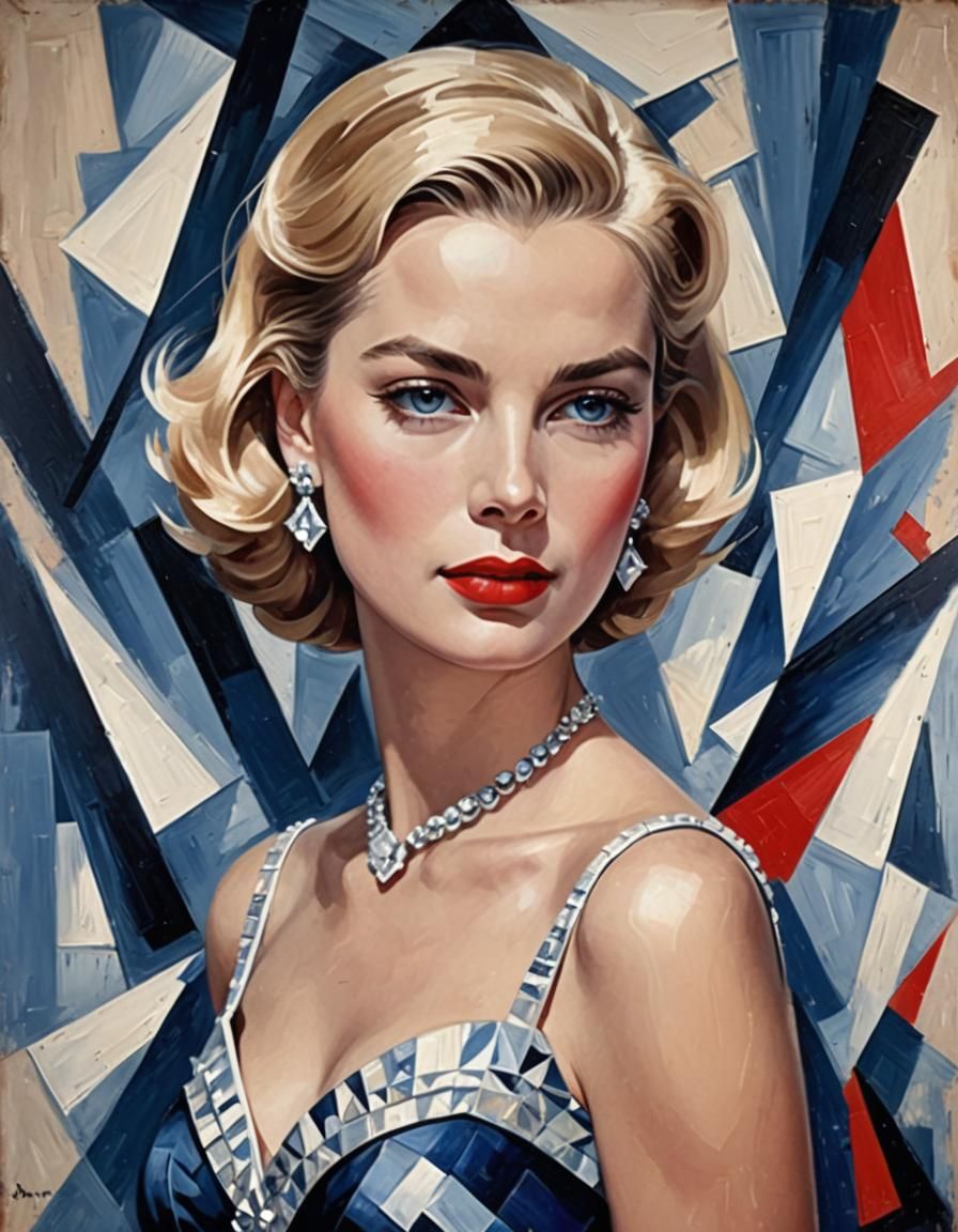 Grace Kelly Portrait in Abstract Cubism Oil Painting