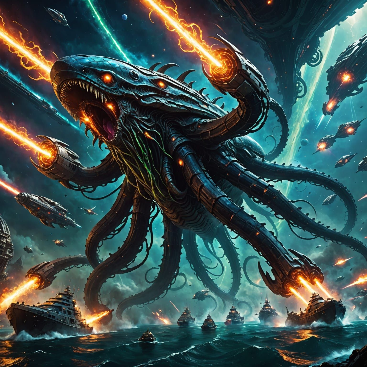 Cosmic Battle: Kraken vs. Spaceships in Alien Nebula