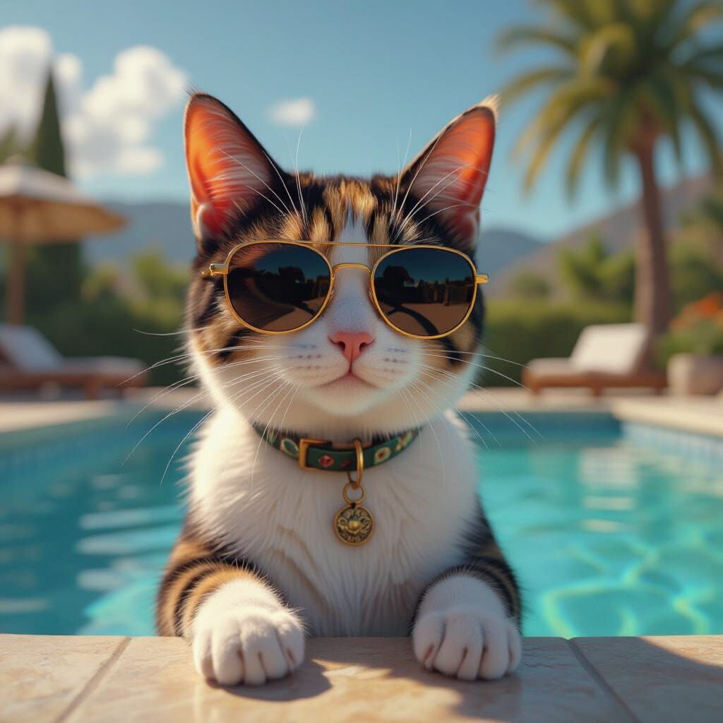 Tricolour Cat with Sunglasses in Fantasy Realism Style