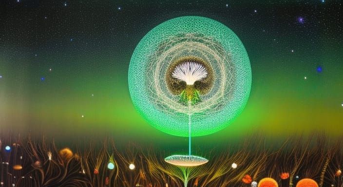 Surreal Woman Gazing at Rotating Sphere in Fungi Network