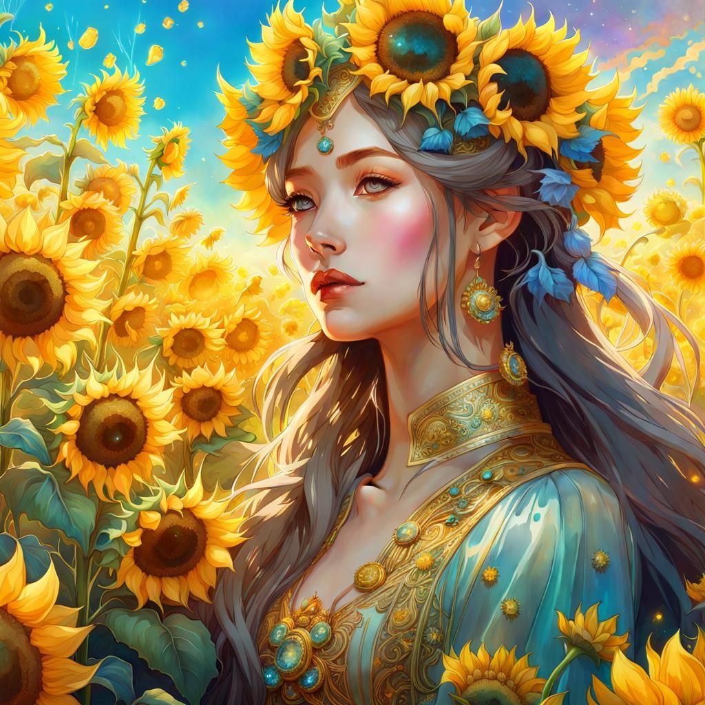 Fairytale Sunflower Field with Yellow Crystals