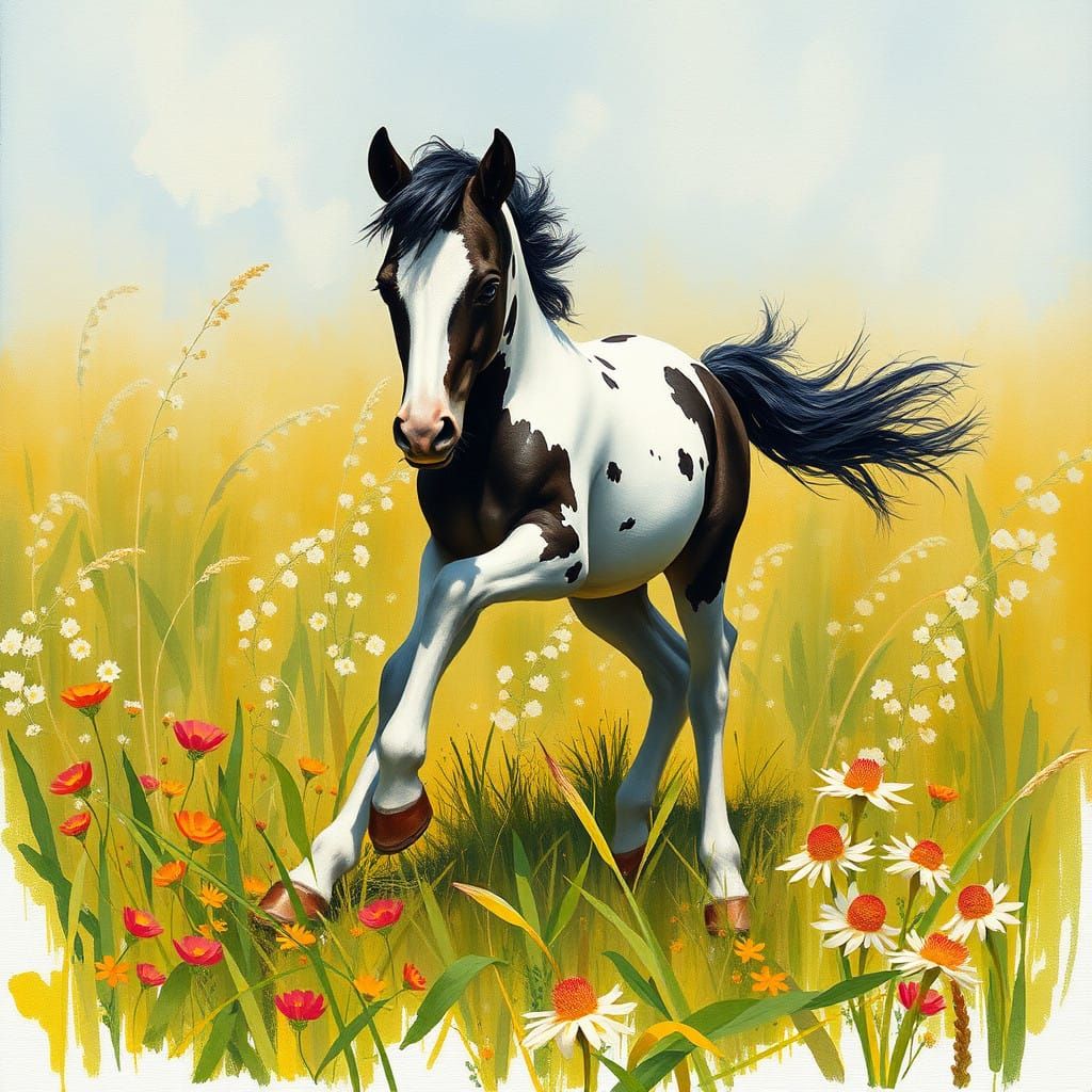 Whimsical Summer Scene of a Baby Paint Colt in a Lush Green....