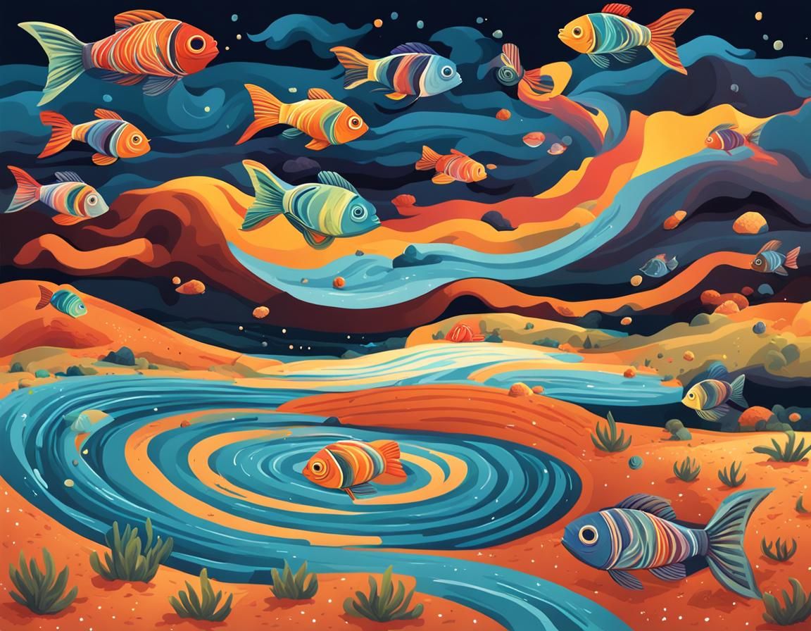 Colorful Fish Tornado Over Desert Puddle
