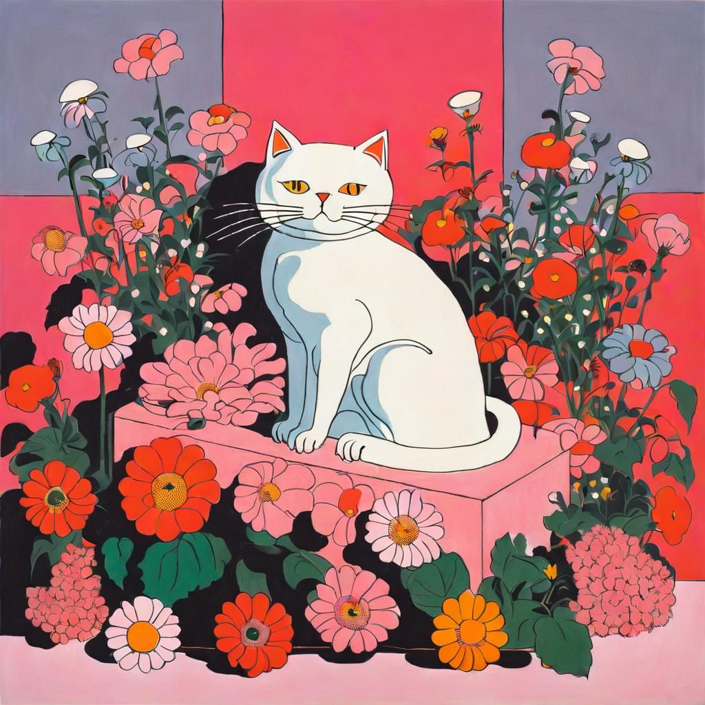 Cute Cat Surrounded by Flowers in Sottsass Style