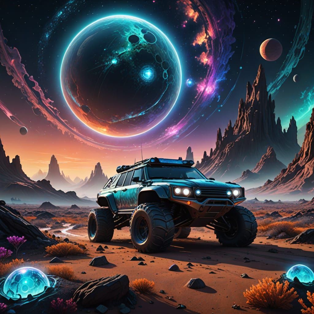 Bioluminescent Alien Landscape with Futuristic Rover