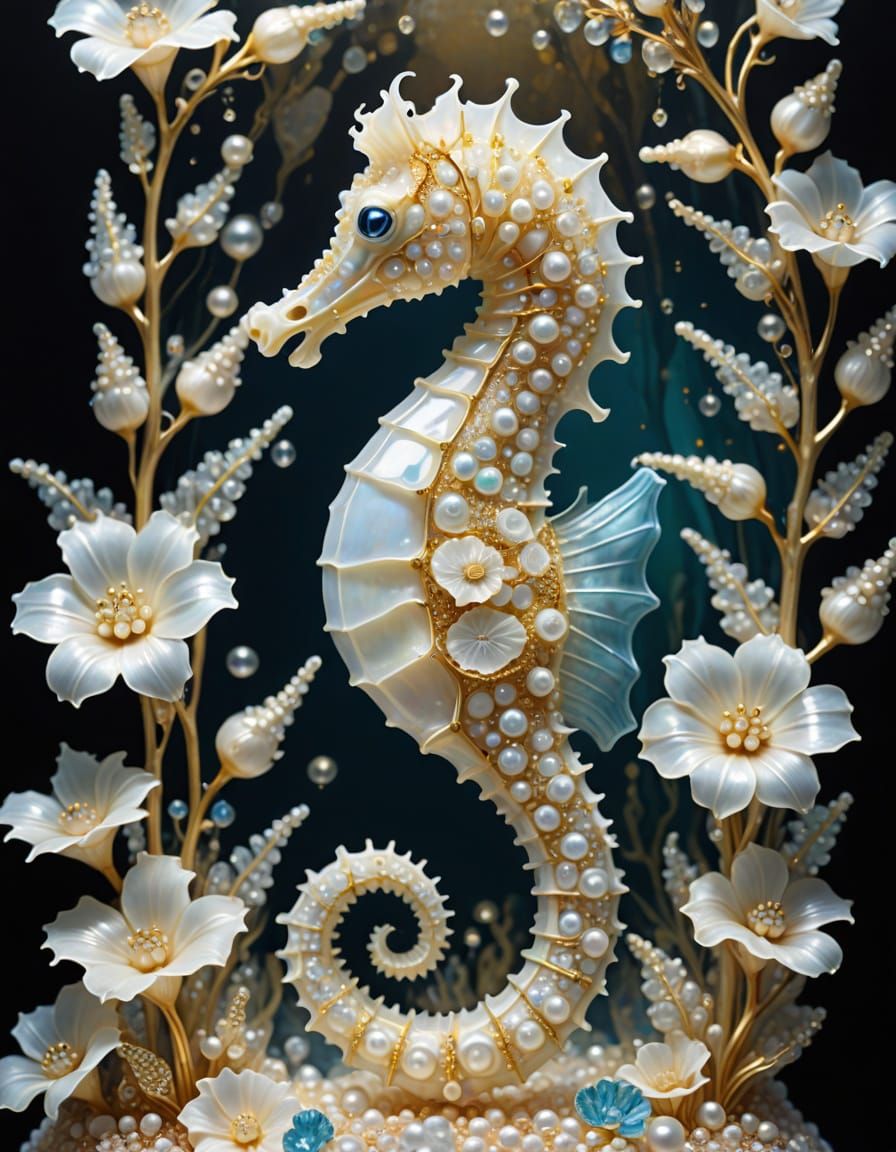 Delicate Baby Seahorse on Pearl Flowers in Top-Lit Cave