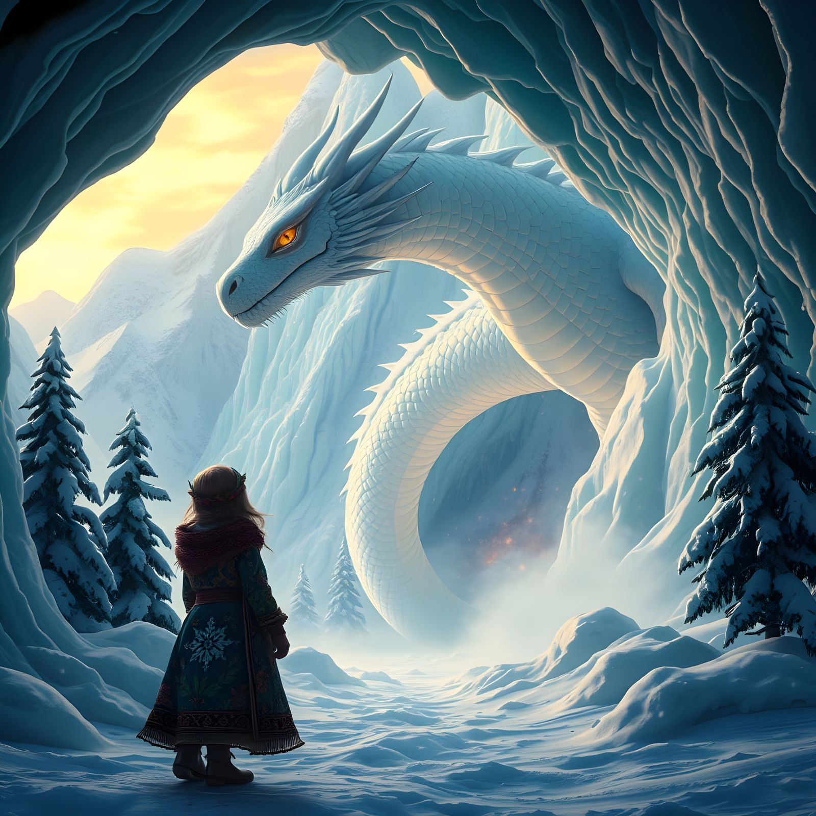 Surreal Winter Goddess Confronts Fiery Elemental Dragon Amid...