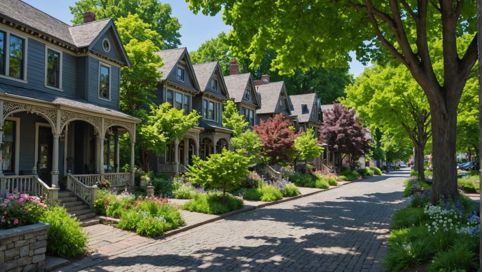 Victorian Houses on Cobblestone Street with Wildflowers