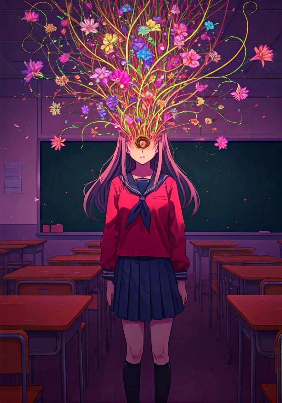 Anime Schoolgirl Vortex of Flowers in Fluorescent Colors