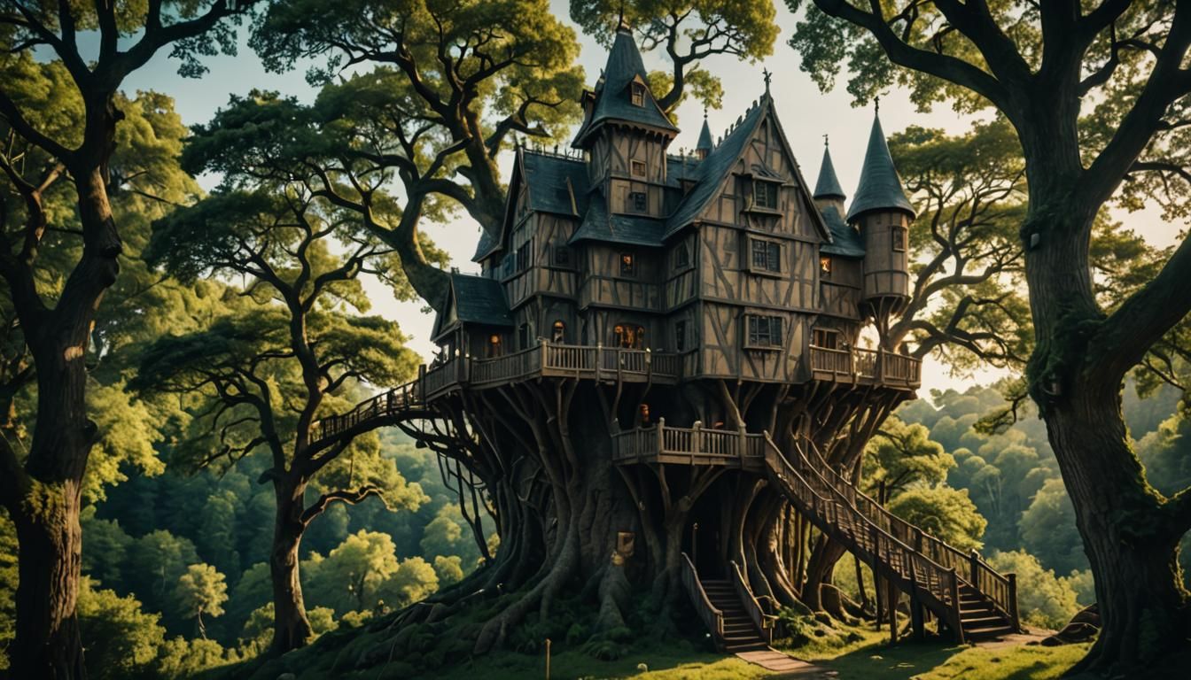 Medieval Treehouse Castle: A Cinematic Film Still