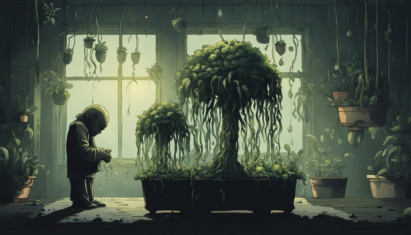 Eerie Crying Potted Plants in Dreamlike Room
