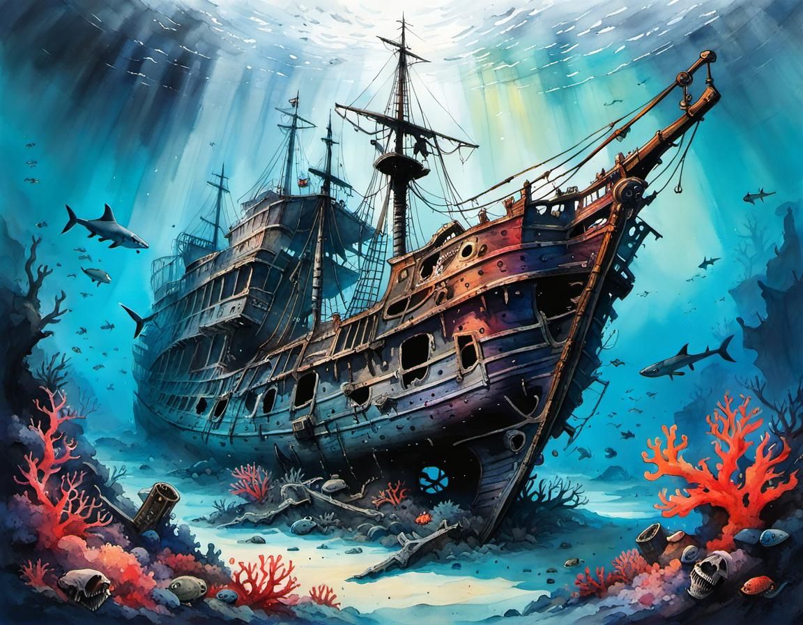 Underwater Pirate Ship Wreckage in Watercolor Style