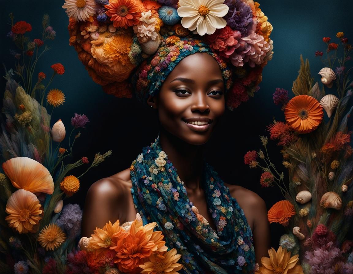 Floral Gown and Seashells: Photorealistic Concept Art