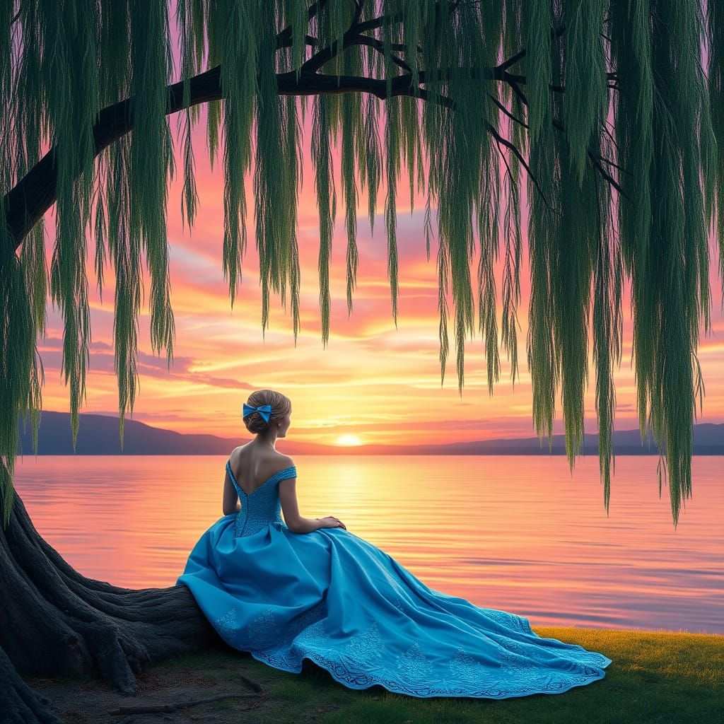 Elegant Lady Under Willow Tree in Sunset Glow