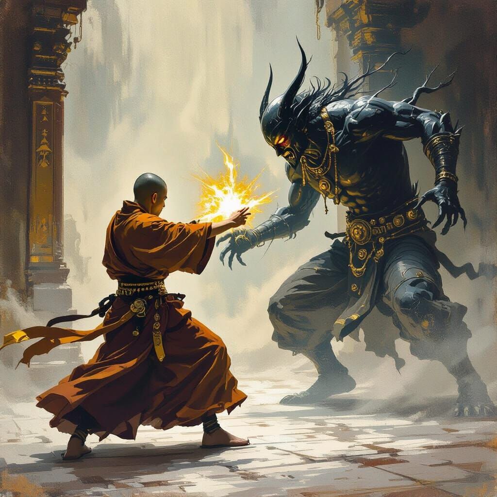 Monk Battles Mystical Creature in Dramatic Action Style
