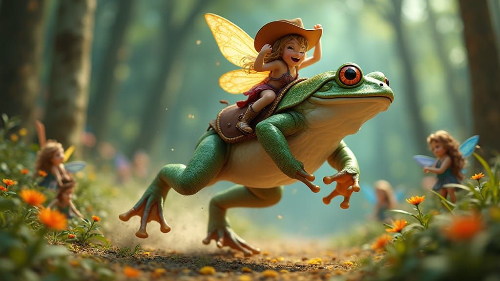 Fairy Riding Frog Through Colorful Forest