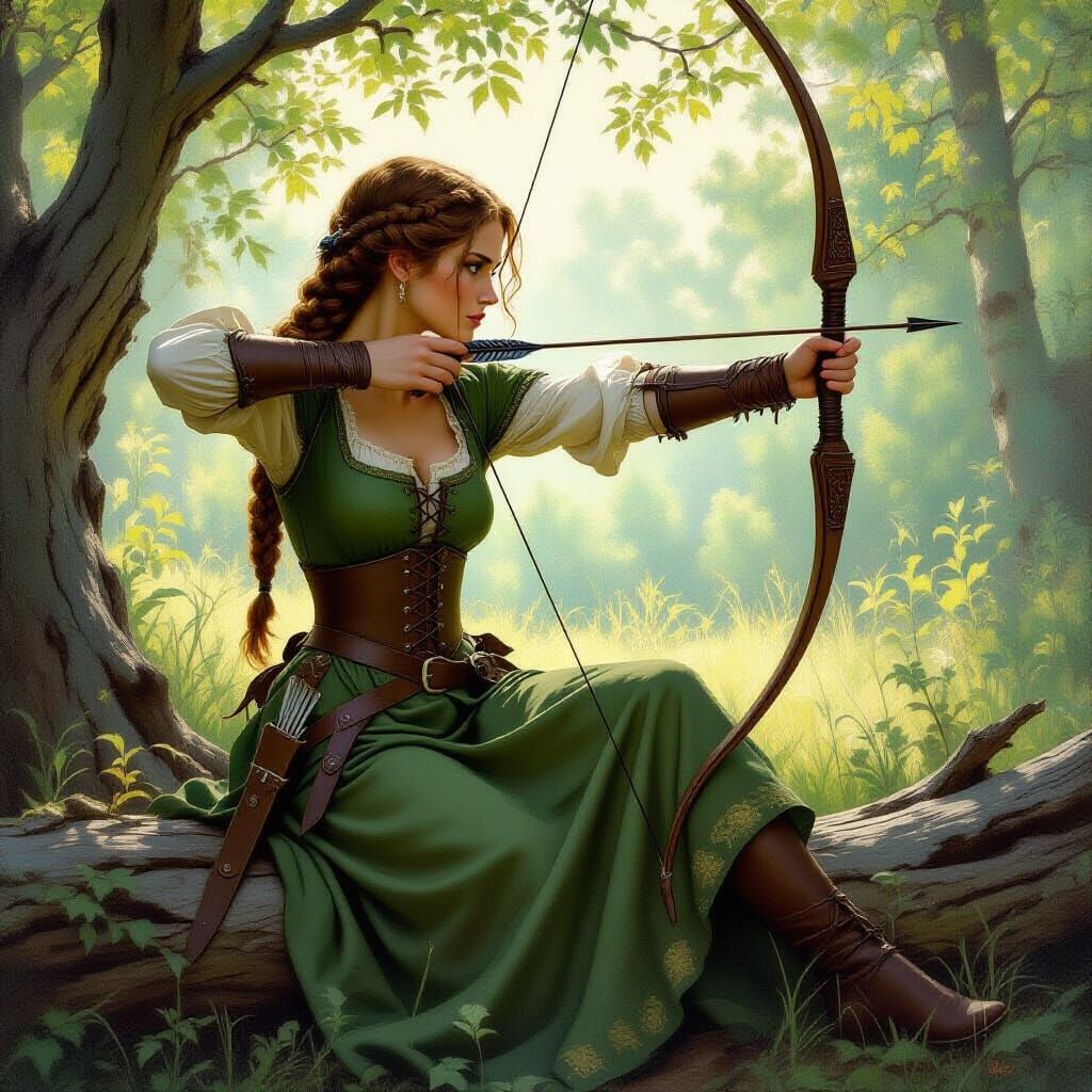 Medieval Archer in Green Dress, Oil Painting by James Gurney