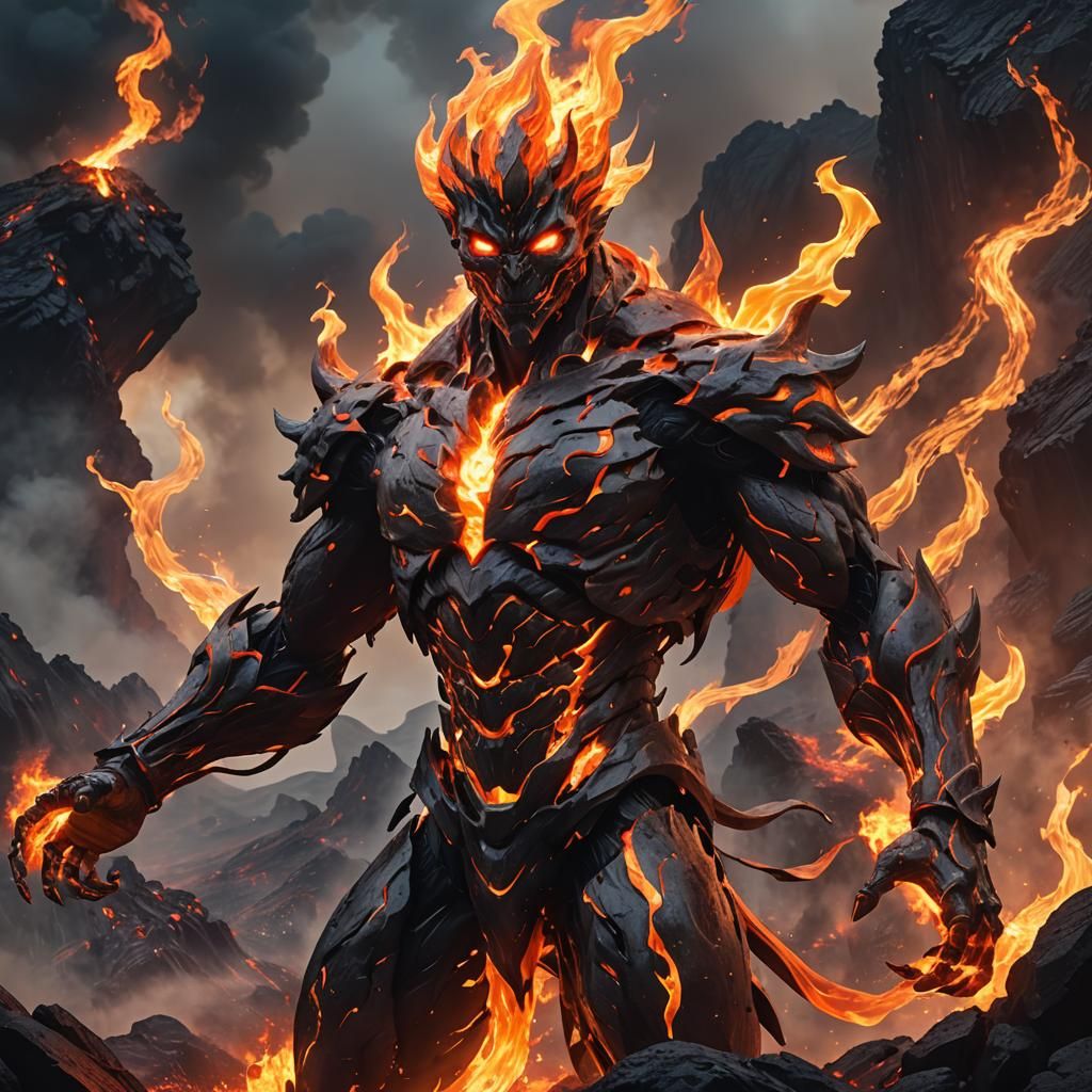 Fiery Anime Elemental in Volcanic Landscape