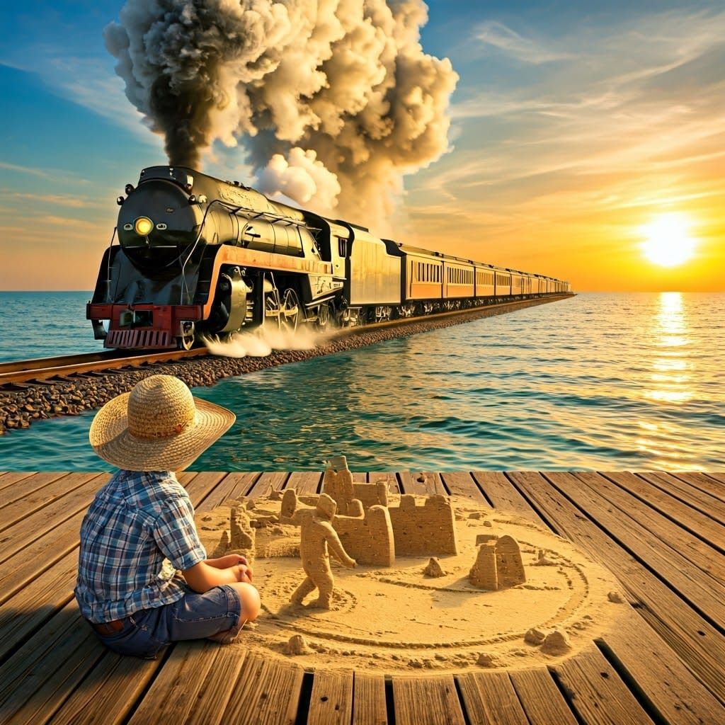 Boy Builds Whimsical Sandcastle Dance Scene on Beach, with M...
