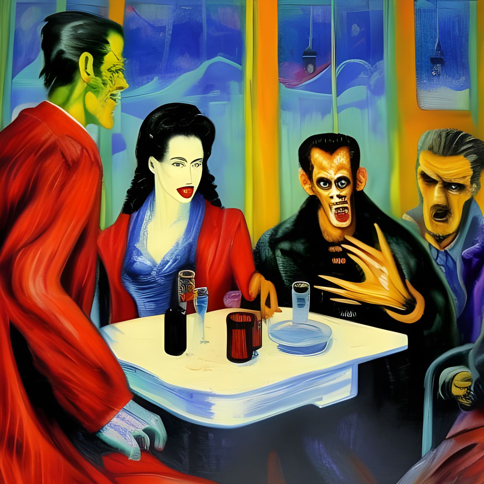 Monsters in a Diner: Neo-Impressionist Oil Painting