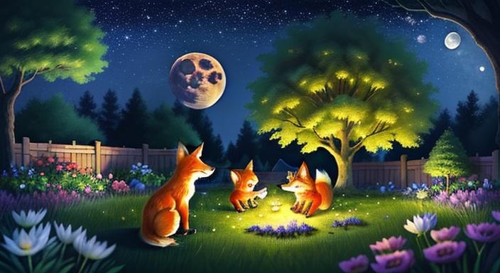 Fox Family Mystical Garden Scene at Night