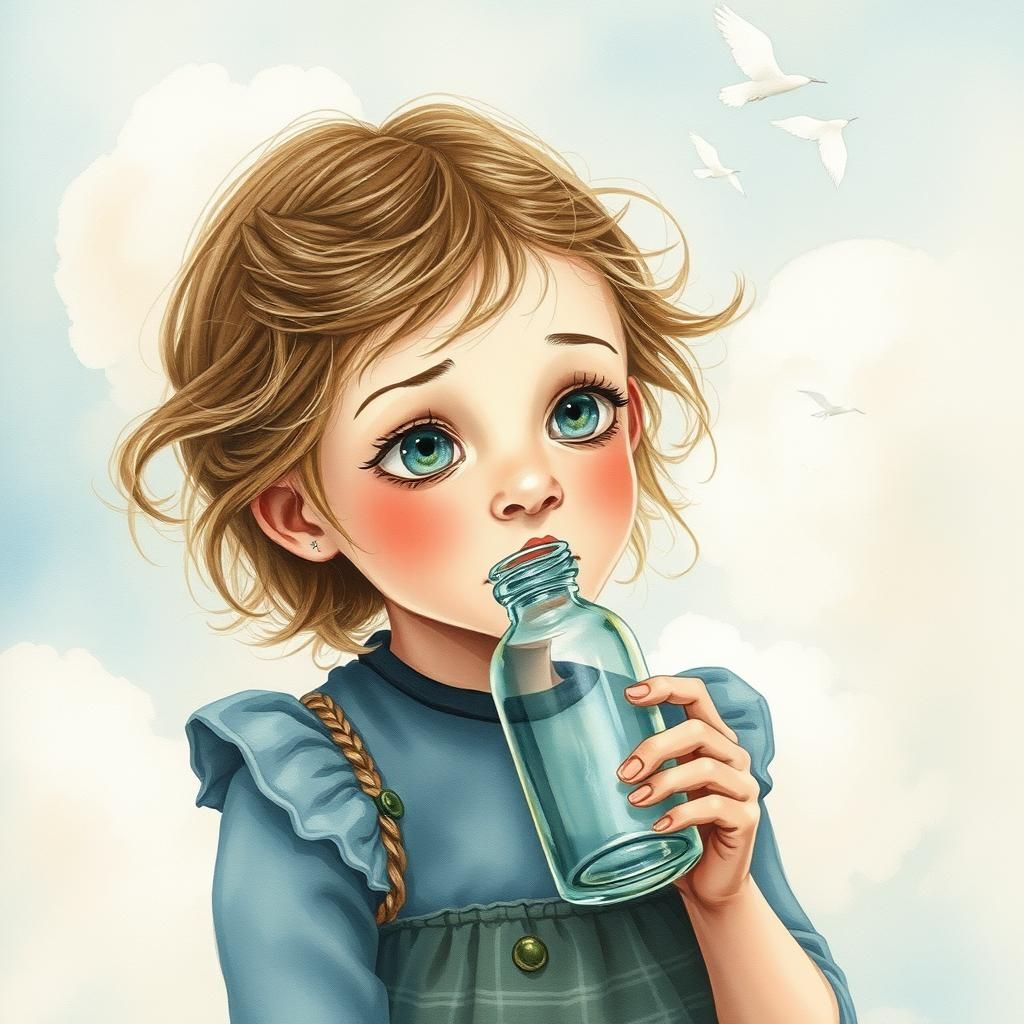 Girl Captures Air in Bottle, Watercolor Illustration