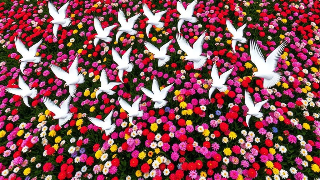 Birds in Flight Above Vibrant Spring Flowers