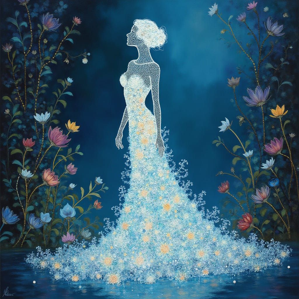 Glowing Crystal Goddess in Dreamlike Klimt-Inspired Painting