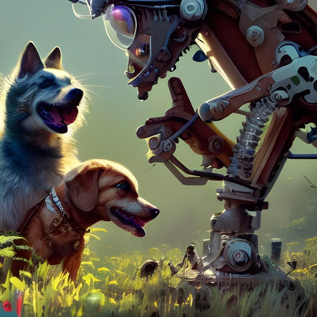 Dog Barking at Cyborg: Hyperdetailed Fantasy Art