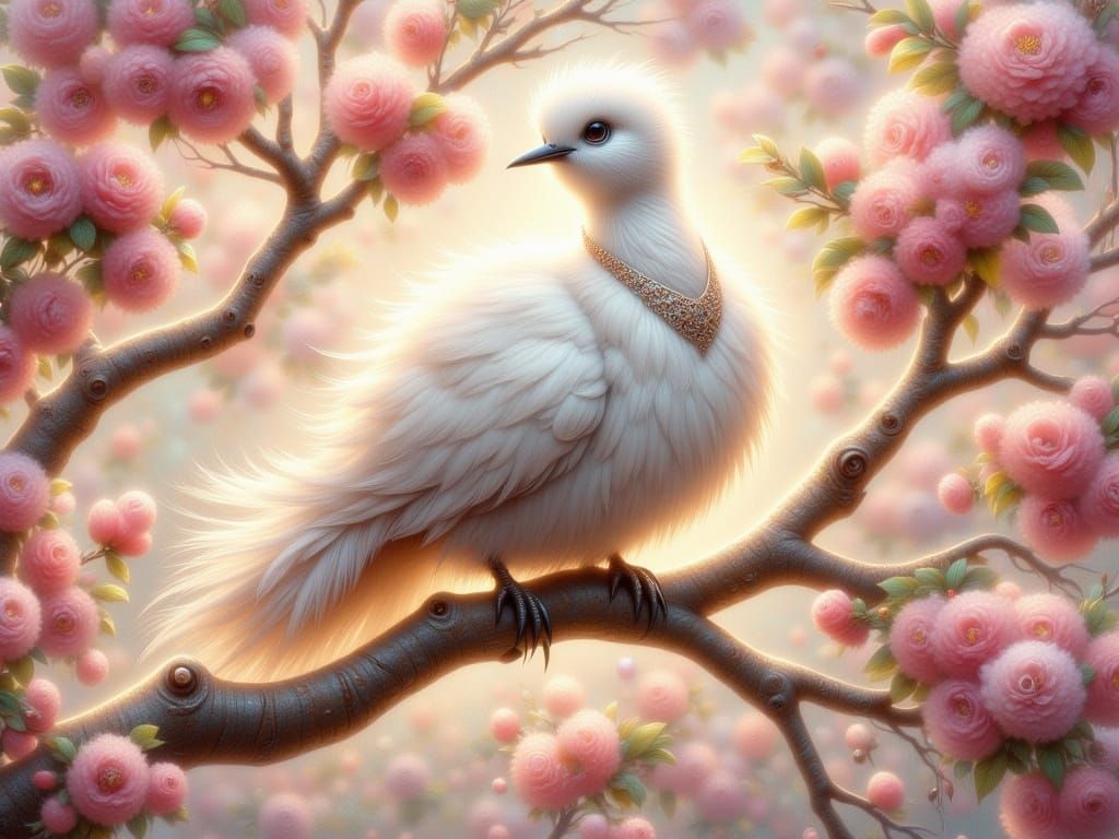 Ethereal White Bird Perched on a Pink Blossom Tree