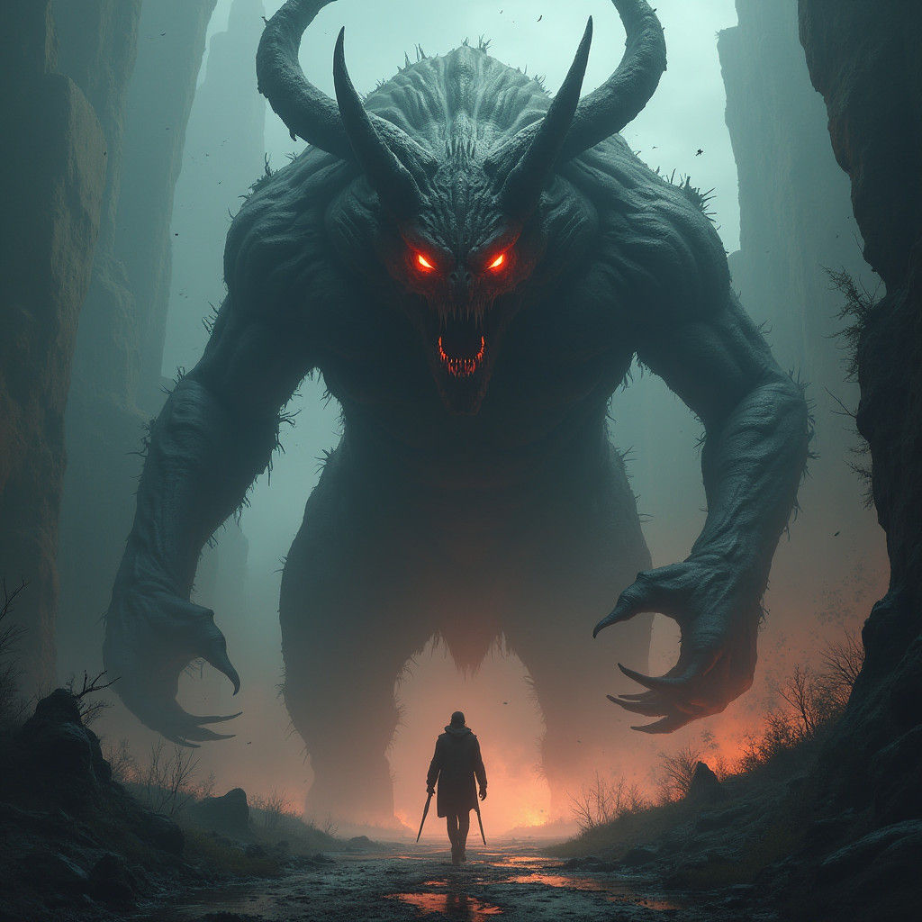 Towering Grotesque Creature in Mystical Realm