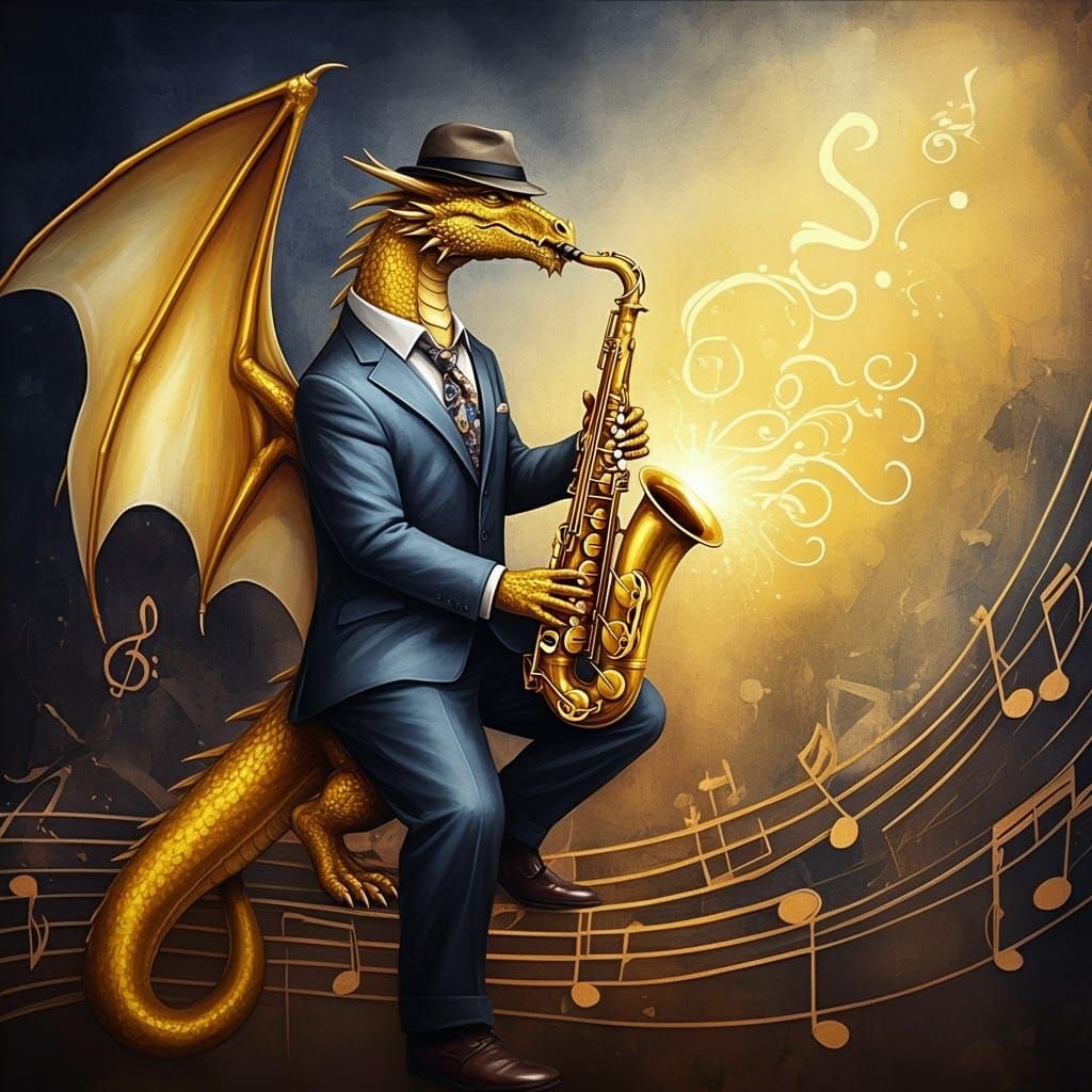 Photorealistic jazz scene. Close-up shot. A   golden dragon ...