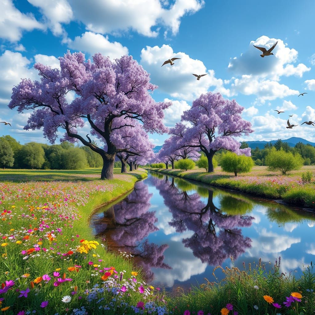 Violet Paulownia Trees in a Vibrant Meadow Landscape