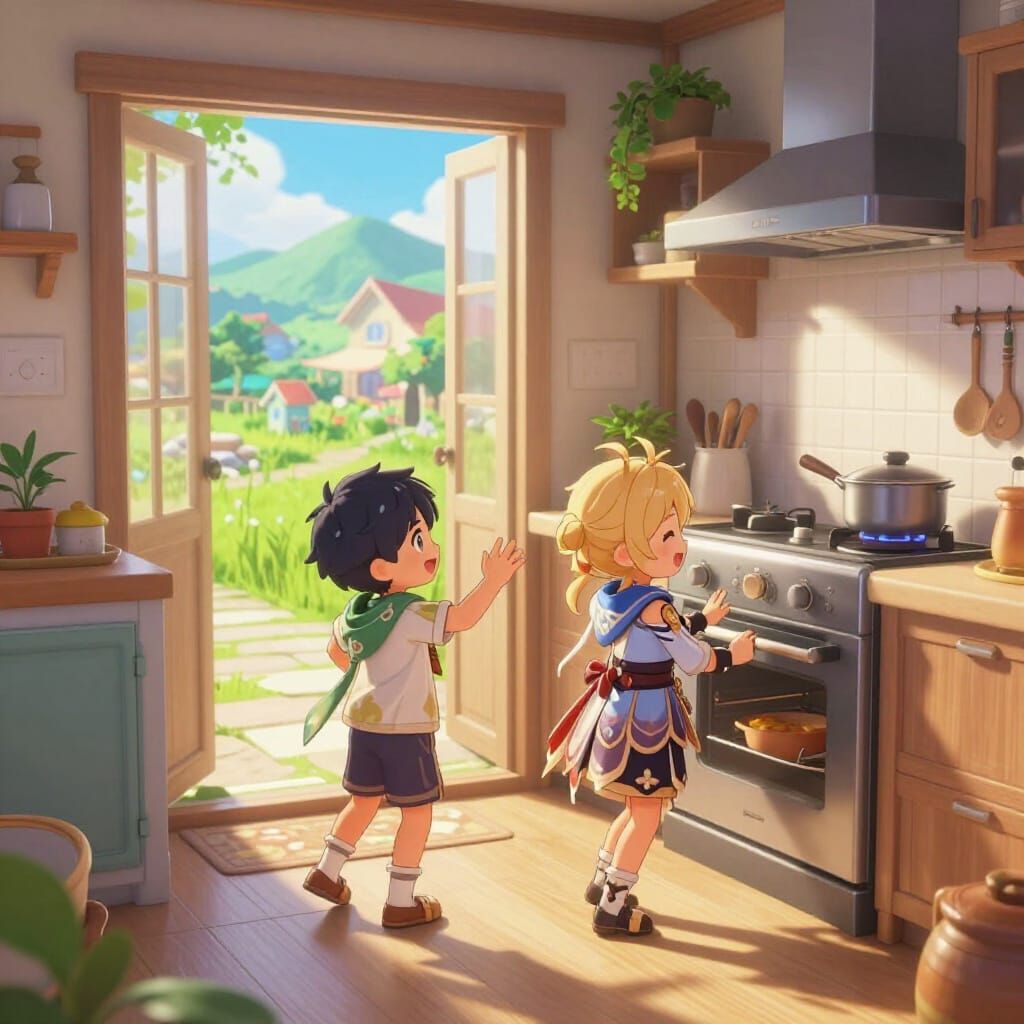 Children Play in Sunlit Kitchen, 3D Anime Style