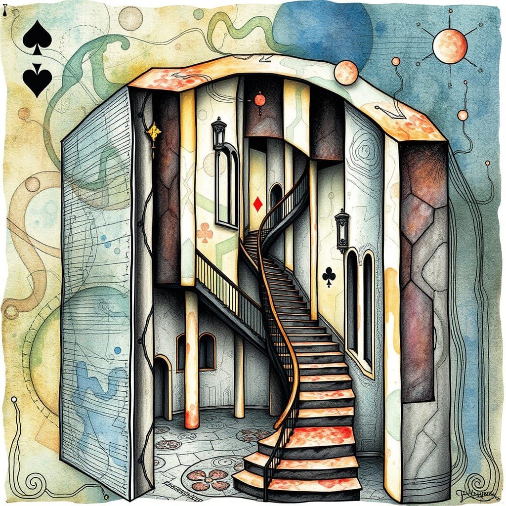 Surrealist Staircase Maze in Geometric Abstraction