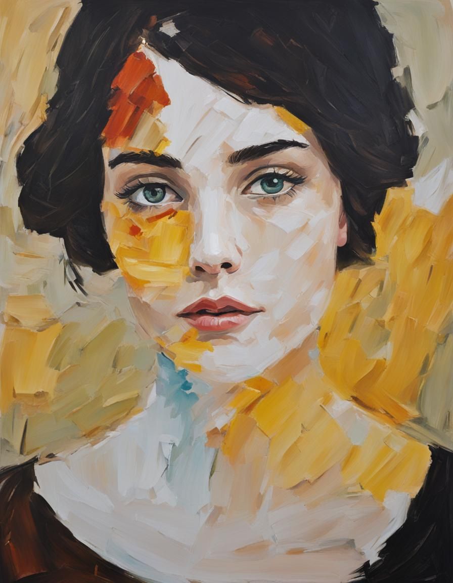 Beautiful Woman Impasto Portrait with Distant Eyes